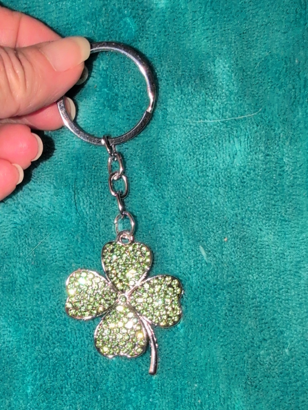 Rhinestone Four-Leaf Clover Keychain - Green Crystal Charm
